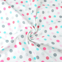 100% Baumwolle Punkte 23mm doppelt rosa-grau-türkis auf weißem Hintergrund  