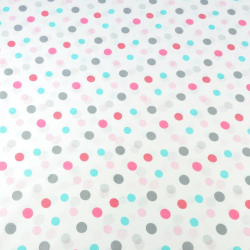 100% Baumwolle Punkte 23mm doppelt rosa-grau-türkis auf weißem Hintergrund  