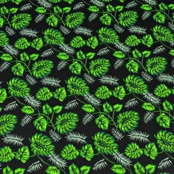 Baumwolle 100% - kleine grüne Monstera-Blätter auf schwarzem Hintergrund  
