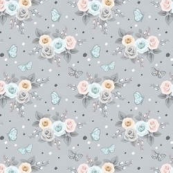 Baumwolle 100% Blumen Rosen pastellfarben mit Schmetterlingen auf grauem Hintergrund  