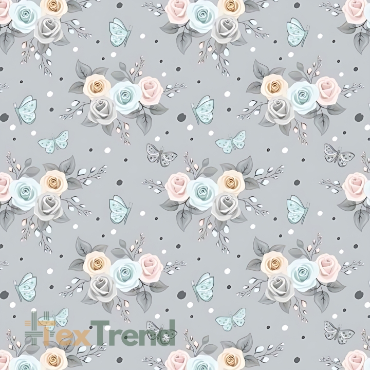 Baumwolle 100% Blumen Rosen pastellfarben mit Schmetterlingen auf grauem Hintergrund  