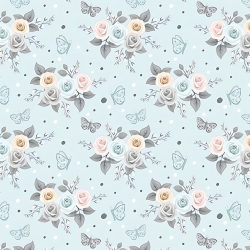 Baumwolle 100% Blumen Rosen pastellfarben mit Schmetterlingen auf mintfarbenem Hintergrund  