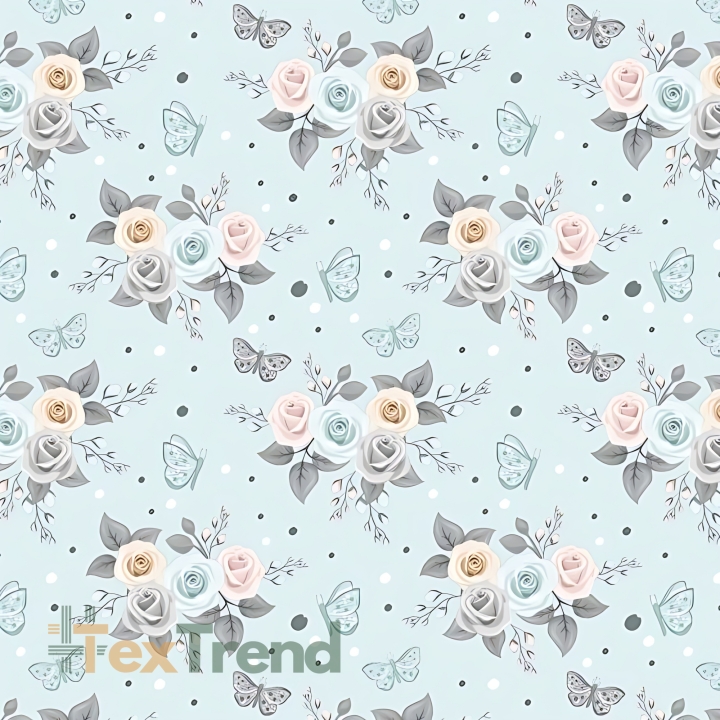 Baumwolle 100% Blumen Rosen pastellfarben mit Schmetterlingen auf mintfarbenem Hintergrund  