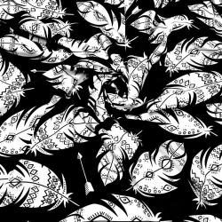 Baumwolle 100% - weiße aztekische Federn auf schwarzem Hintergrund  