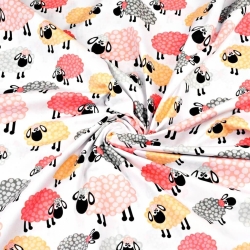 100% Baumwolle Schafe rosa-orange mit Punkten auf weißem Hintergrund  