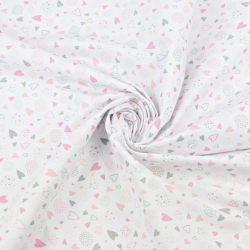 Baumwolle 100% - MINI Herzen mit rosa-grauen Kugeln auf weißem Hintergrund  
