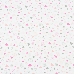 Baumwolle 100% - MINI Herzen mit rosa-grauen Kugeln auf weißem Hintergrund  