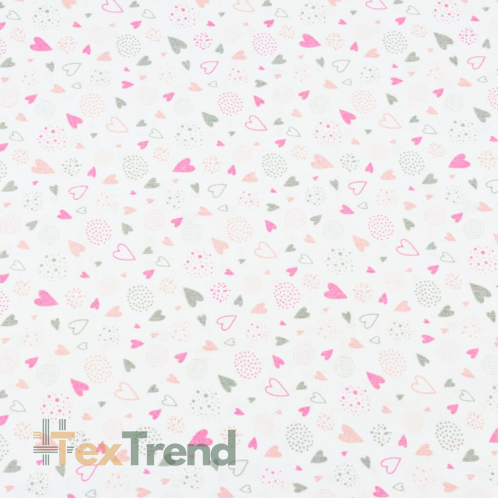 Baumwolle 100% - MINI Herzen mit rosa-grauen Kugeln auf weißem Hintergrund  