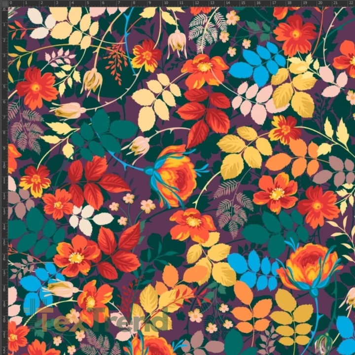 Jersey Stoff Digitaldruck Blumen und Blätter rot-orange auf lila Hintergrund  