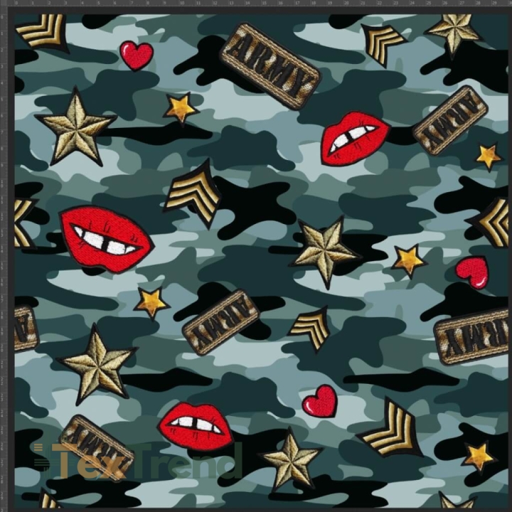 Jersey Stoff Digitaldruck Camouflage mit Aufnähern  