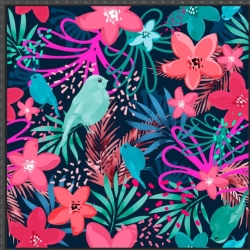 Jersey Stoff Digitaldruck bunte Blätter mit Vögeln auf dunkelblauem Hintergrund  