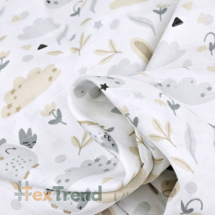 Baumwoll-Musselin - Eulen mit Kaninchen in beige-grau auf weißem Hintergrund  