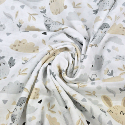 Baumwoll-Musselin - Eulen mit Kaninchen in beige-grau auf weißem Hintergrund  