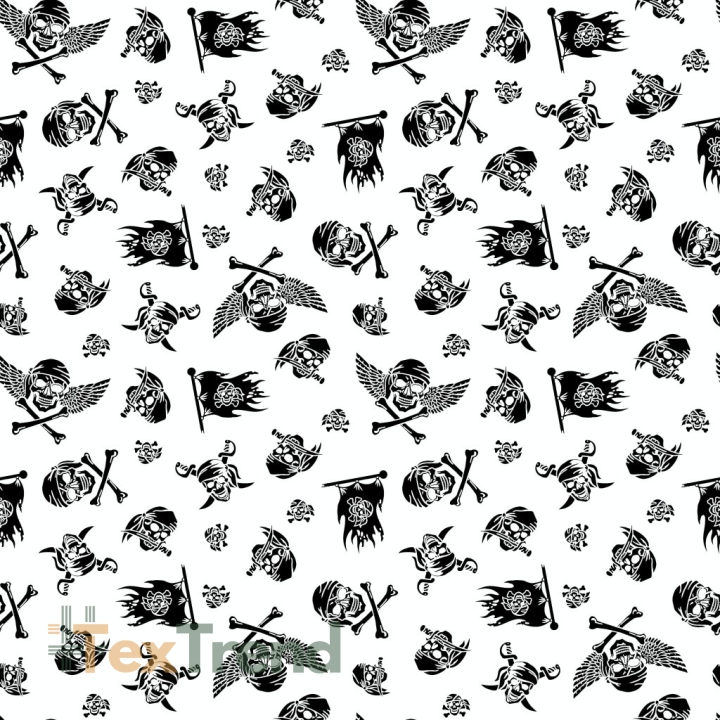 Baumwolle 100% schwarze Piratenschädel auf weißem Hintergrund  