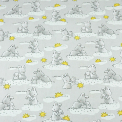 Baumwolle 100% - Hasen mit Sonnen auf grauem Hintergrund  