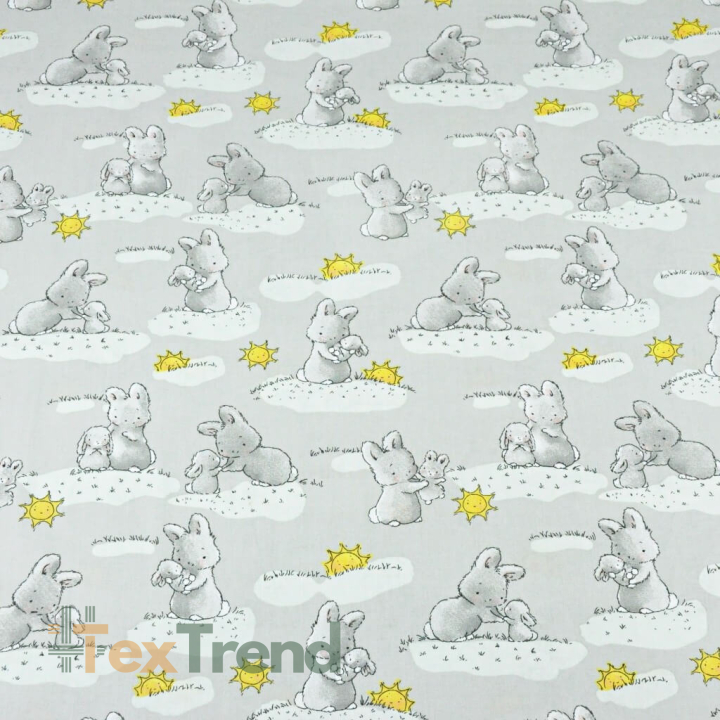 Baumwolle 100% - Hasen mit Sonnen auf grauem Hintergrund  