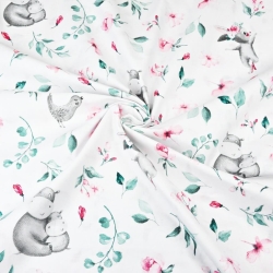 100% Baumwolle Nilpferde rosa-grün mit Vögeln auf der Wiese auf weißem Hintergrund  