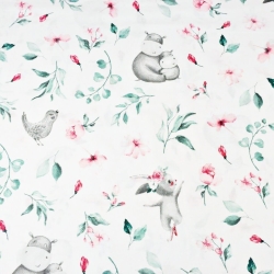 100% Baumwolle Nilpferde rosa-grün mit Vögeln auf der Wiese auf weißem Hintergrund  