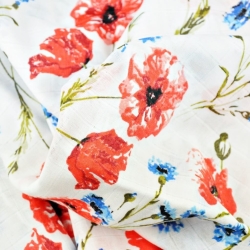Baumwoll-Musselin - Mohnblumen und Kornblumen auf weißem Hintergrund  