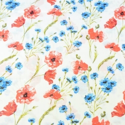 Baumwoll-Musselin - Mohnblumen und Kornblumen auf weißem Hintergrund  