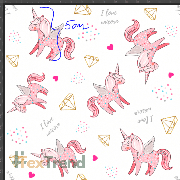 Interlock Jersey Digitaldruck - Einhörner mit Diamanten auf weißem Hintergrund  