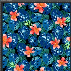 Jersey Stoff Digitaldruck Blumen auf blau-grünen Monstera-Blättern  