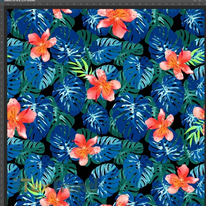 Jersey Stoff Digitaldruck Blumen auf blau-grünen Monstera-Blättern  