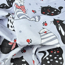 Baumwoll-Musselin verrückte Katzen mit roten Streifen auf grauem Hintergrund  