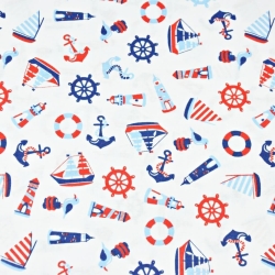 100% Baumwolle - maritimes kleines Muster in rot-blau auf weißem Hintergrund  