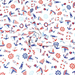100% Baumwolle - maritimes kleines Muster in rot-blau auf weißem Hintergrund  