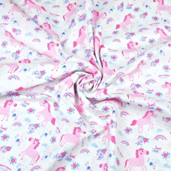 100% Baumwolle - rosa MINI Einhörner mit Blumen auf weißem Hintergrund  