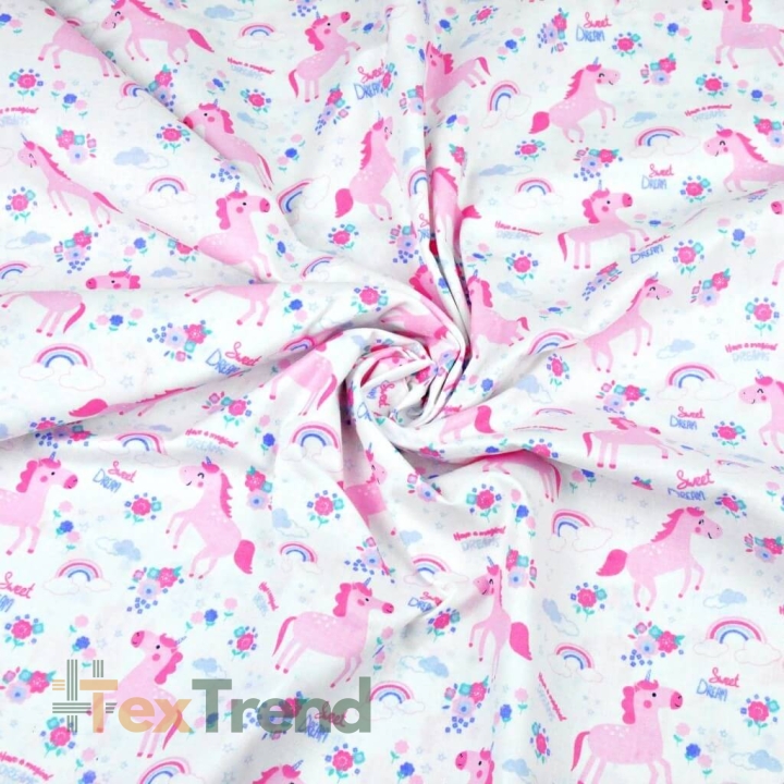 100% Baumwolle - rosa MINI Einhörner mit Blumen auf weißem Hintergrund  