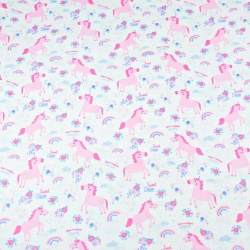 100% Baumwolle - rosa MINI Einhörner mit Blumen auf weißem Hintergrund  