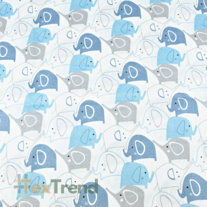Baumwoll-Musselin Elefanten blau-dunkelblau auf weißem Hintergrund  