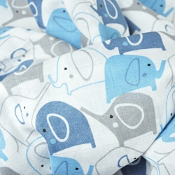 Baumwoll-Musselin Elefanten blau-dunkelblau auf weißem Hintergrund  