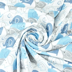 Baumwoll-Musselin Elefanten blau-dunkelblau auf weißem Hintergrund  