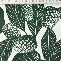 Baumwolle 100% Blätter mit Ananas dunkelgrün auf weißem Hintergrund  