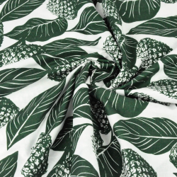 Baumwolle 100% Blätter mit Ananas dunkelgrün auf weißem Hintergrund  