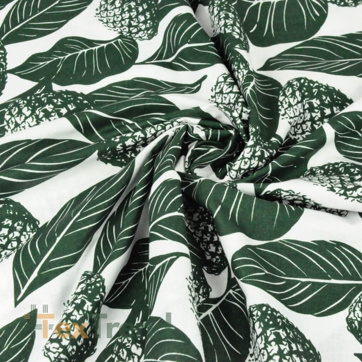 Baumwolle 100% Blätter mit Ananas dunkelgrün auf weißem Hintergrund  