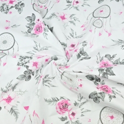 Baumwolle 100% - Rosen mit Traumfänger in rosa-grau auf weißem Hintergrund  