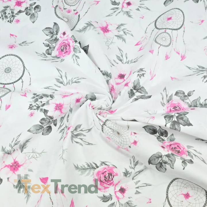 Baumwolle 100% - Rosen mit Traumfänger in rosa-grau auf weißem Hintergrund  