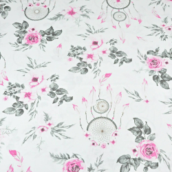 Baumwolle 100% - Rosen mit Traumfänger in rosa-grau auf weißem Hintergrund  
