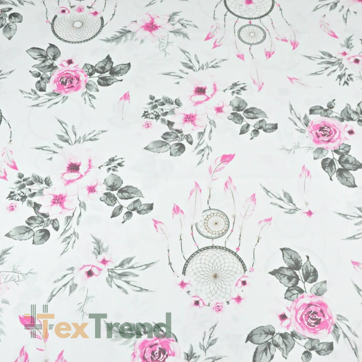 Baumwolle 100% - Rosen mit Traumfänger in rosa-grau auf weißem Hintergrund  