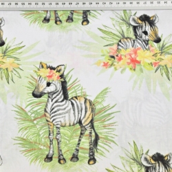 Baumwolle 100% Zebras mit Blättern auf weißem Hintergrund  