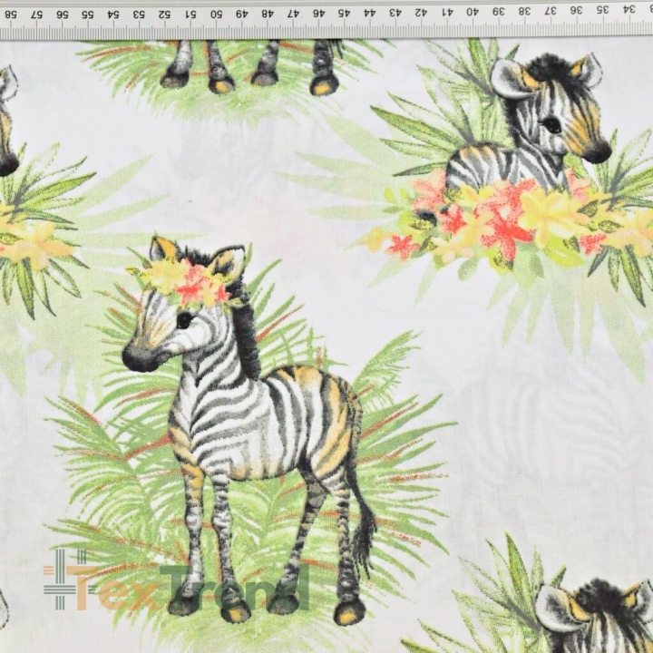 Baumwolle 100% Zebras mit Blättern auf weißem Hintergrund  
