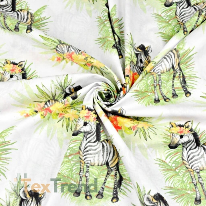 Baumwolle 100% Zebras mit Blättern auf weißem Hintergrund  