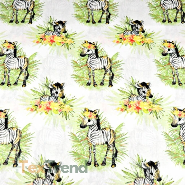 Baumwolle 100% Zebras mit Blättern auf weißem Hintergrund  