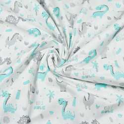 100% Baumwolle - mintgrüne und graue Dinosaurier mit Palmen auf weißem Hintergrund  