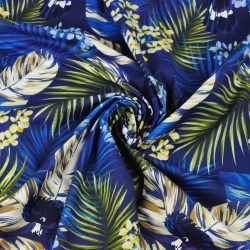 Baumwolle 100% Blätter gold-blau auf marineblauem Hintergrund  