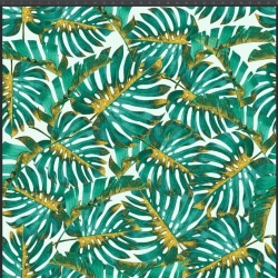 Jersey-Stoff Digitaldruck - dichte grün-goldene Monstera-Blätter auf weißem Hintergrund  